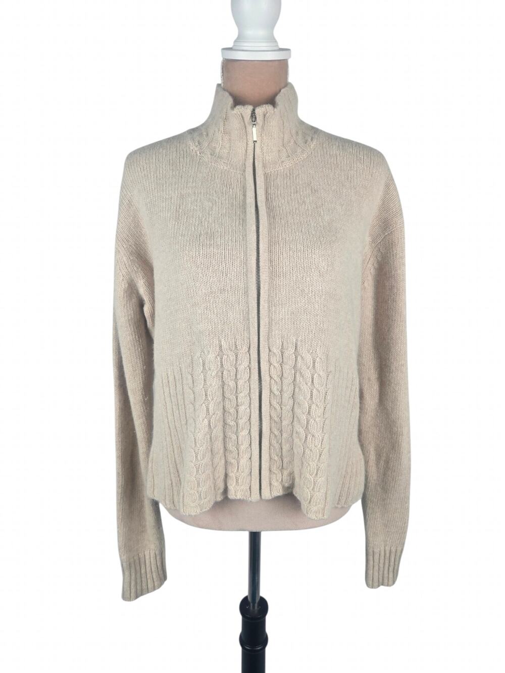 ALPS Lambswool Angora Full Zip Sweater Cable Knit Mock Neck Oatmeal XL